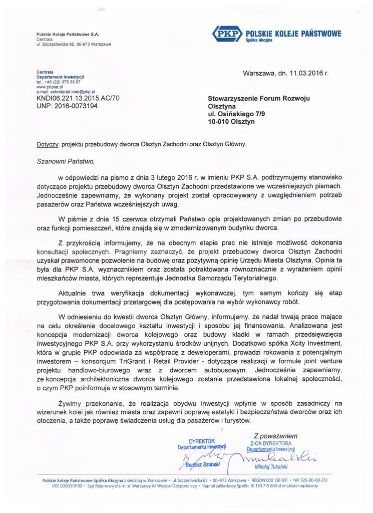 Odpowiedź na apel FRO w sprawie olsztyńskich dworców